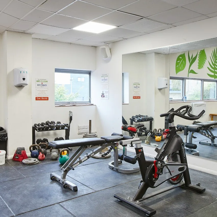 The training area with a moon board, spray wall and campus rungs