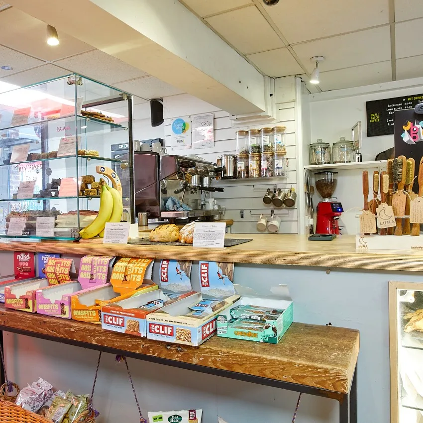 The shop and café counter stocked with climbing gear